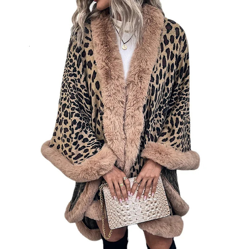 WeHello AutumnWinter Ethnic Style Fur Collar Cape Cardigan Fashion Leopard Pattern Shawl Sweater for Women 241112
