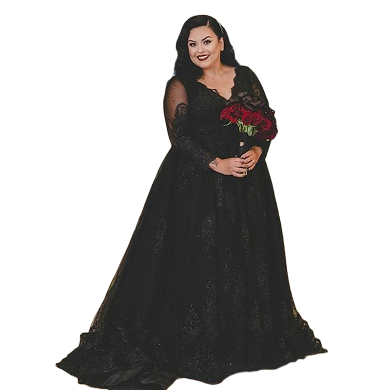 Gothic Black Wedding Dresses Long Sleeve A Line Bridal Gowns Lace Appliques V-Neck Long Tulle Plus Size Bride Dress 2024 Garden Vestido De Novia