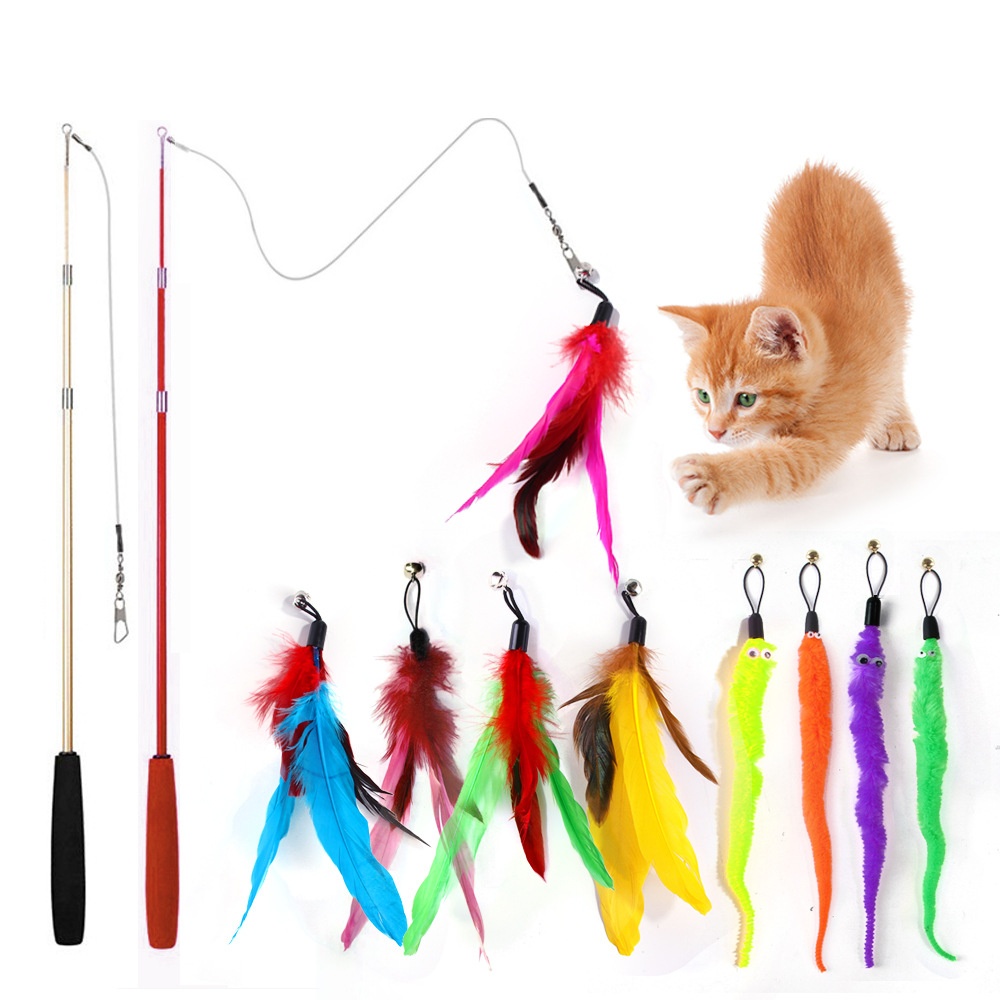 Interactive Cat Toys - Retractable Wand Toy and Feather Toys Refills for Indoor Cats to Chase and Exercise