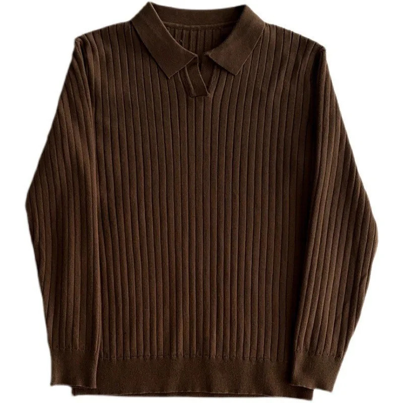 Autumn clothing mens lightweight V-neck knitted jacquard polo shirt solid color long sleeved Korean casual knitting 241121