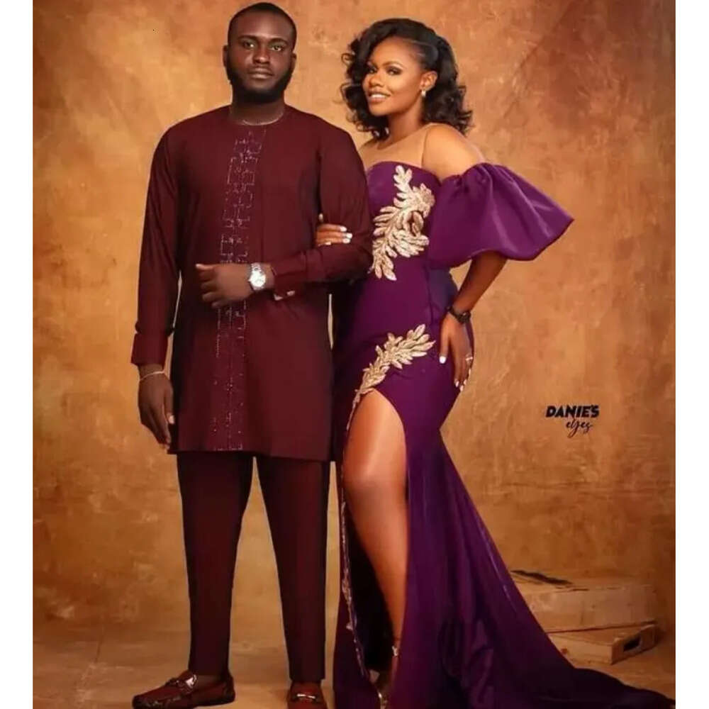 Arabic Aso Size Ebi Plus Purple Mermaid Sexy Prom Dresses Lace High Split Sheer Neck Evening Formal Party Second Reception Gowns