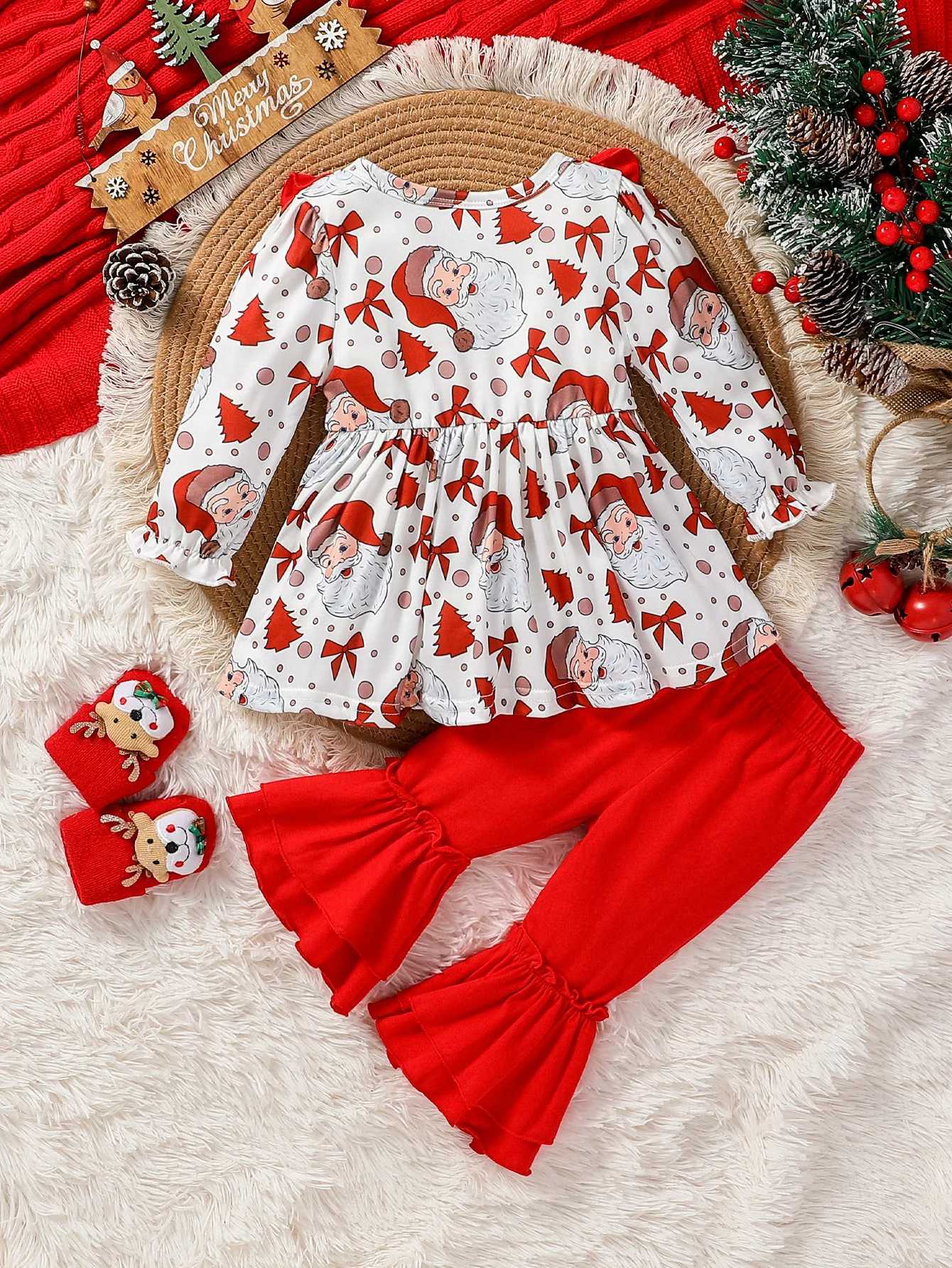Clothing Sets 2Pcs Baby Girls Long Sleeve Print Santa Claus With Bow Top+ Solid Red Trousers Set For Christmas Outdoor Wear H241126