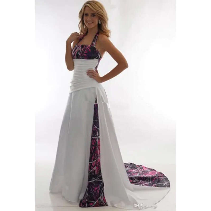 Elegant Halter Camo A E Dresses Satin Ruched Sweep Train Bridal Wedding Gowns With Lace Up Bc3340