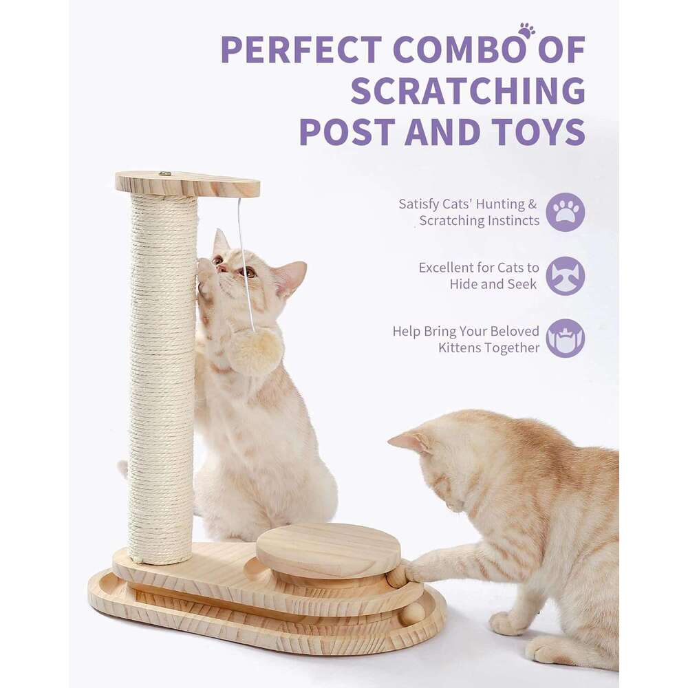 Made4Pets Cat Scratching Post for Indoor Cats Wooden Ball Track Two-Layer Modern Sisal 17.7" Tall Scratch Post Interactive Toy with Dangling Ball