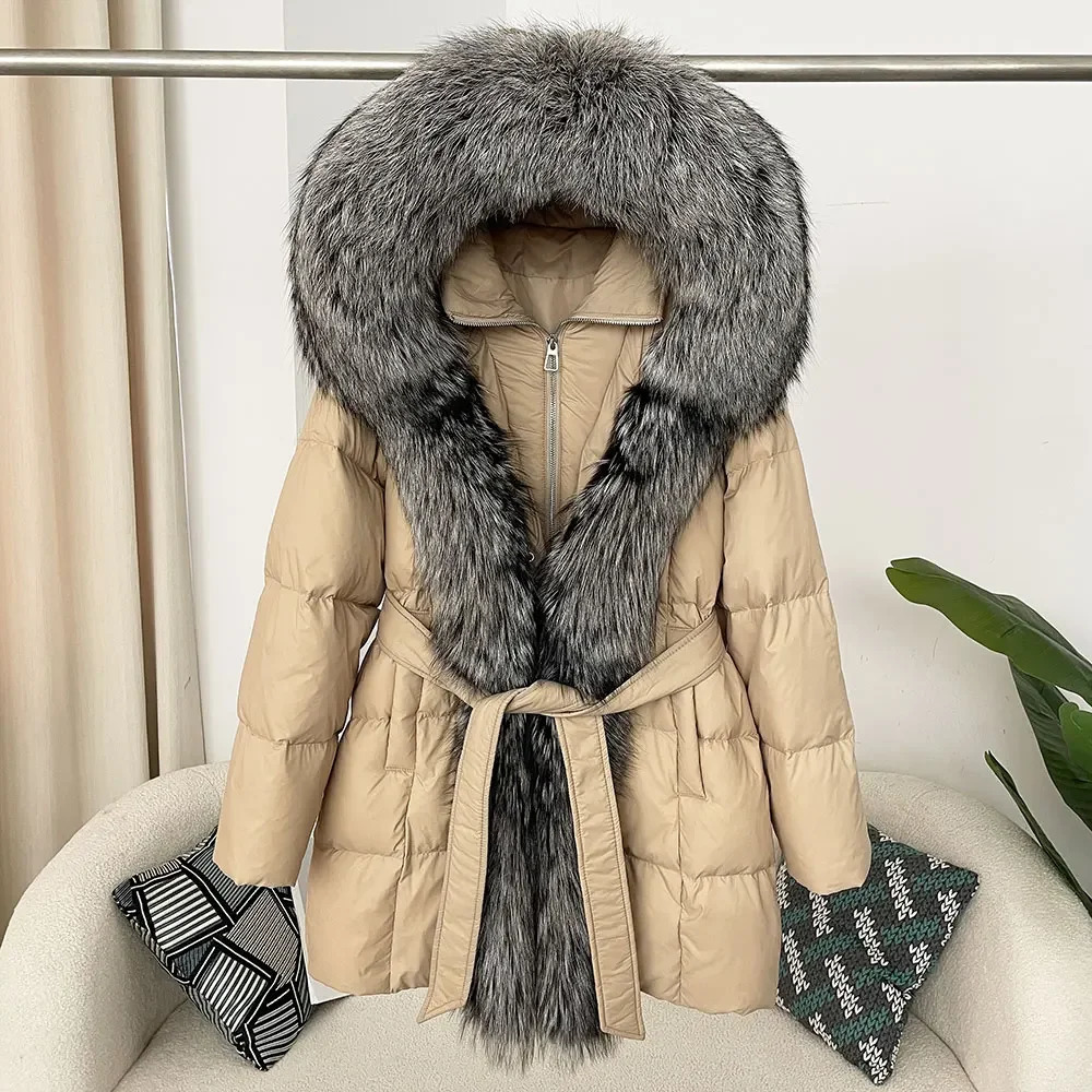 Thick and warm street clothing casual white duck down jacket winter jacket womens hooded sweatshirt natural fox fur coat 241121