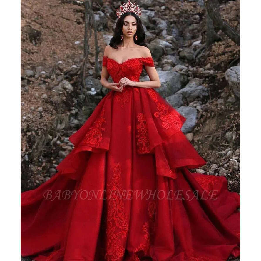 Red Layers Tiered Lace Applique A E Plus Size Dresses Off The Shoulder Arabic Dubai Chapel Train Bridal Wedding Quinceanera Gowns Bc0730