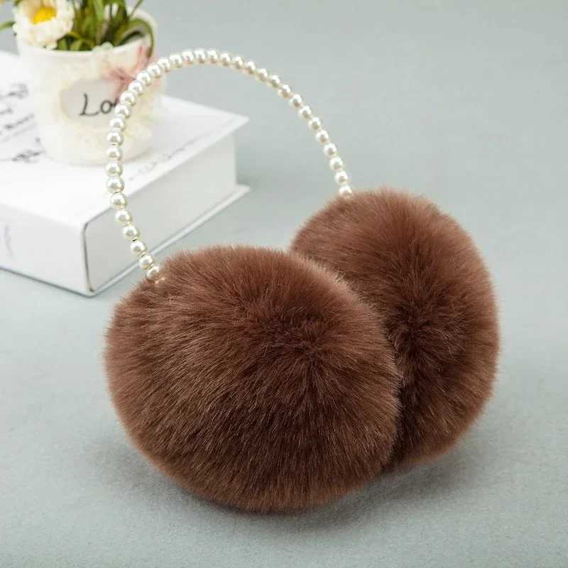 Womens winter fluffy plush earmuffs imitating pearl bead headband thick ear warmers princess childrens party style earmuffs W241126