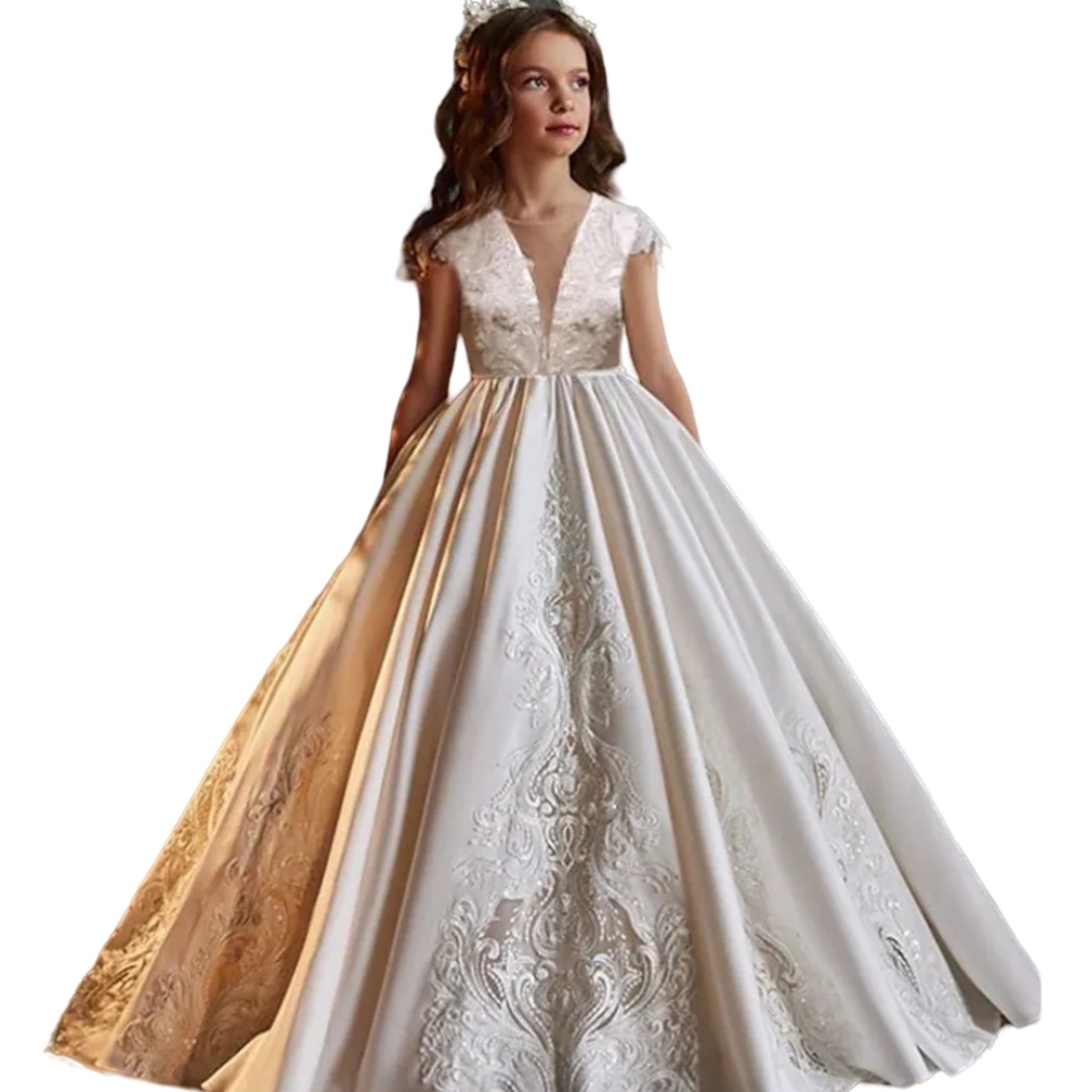 2024 White Flower Girls Dresses For Wedding V Neck Cap Sleeves Lovely Lace Crystal Beads Sheer Back Children Kids Party Communion Gowns Ball Gown