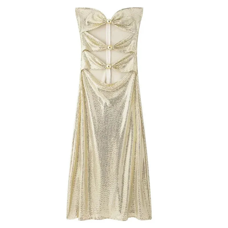 TRAF sexy cut sequin dress womens sparkling strapless party dress womens Midi shoulder dress body backless long dress 241125