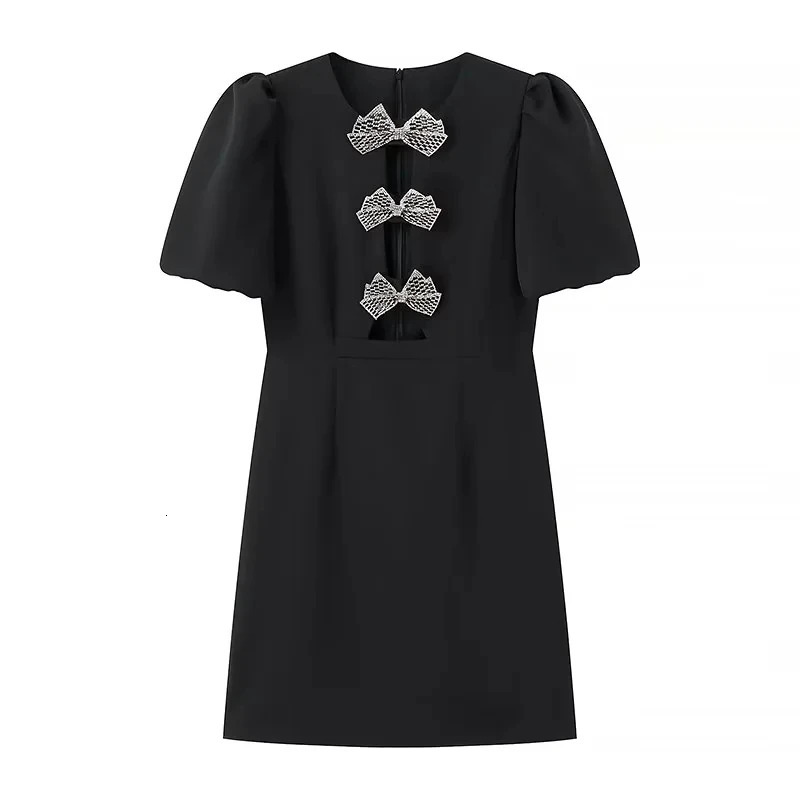 TRAF heart-shaped cut red mini dress womens summer bow black short sleeved womens puff dress elegant party dress 241125