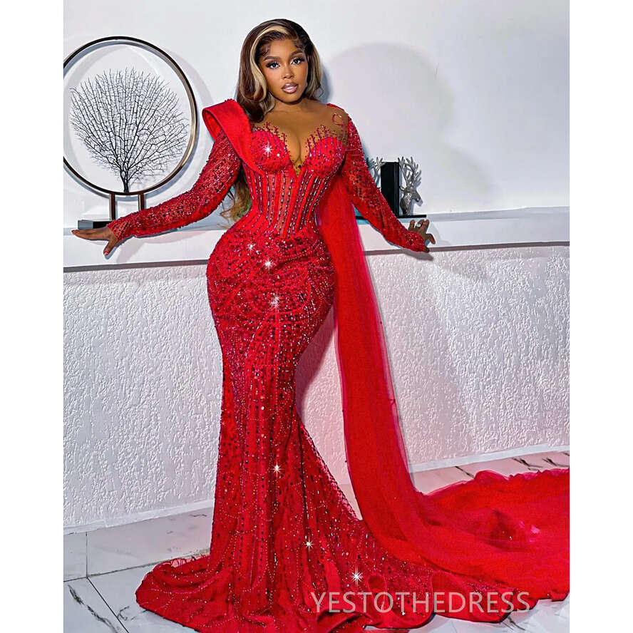 2024 Plus Size Red Prom Dresses Special Ocns Promdress Illusion Beaded Sequined Lace Birthday Party Dress Second Reception Gowns For Black Women