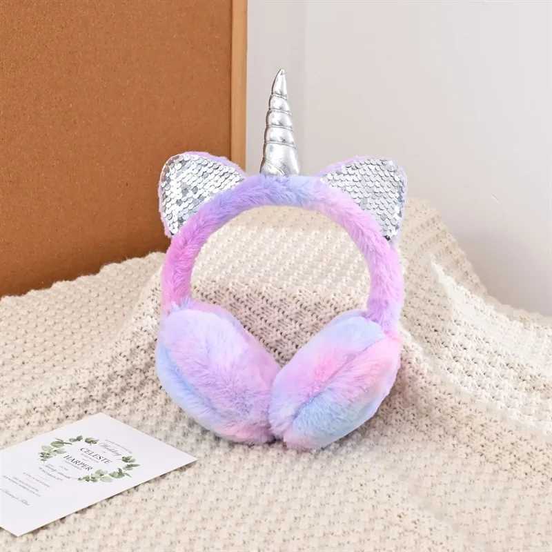 Cute unicorn earmuffs with sequins for children cat earmuffs for winter warm fur plush headband for women tie dye fluffy earmuffs W241126
