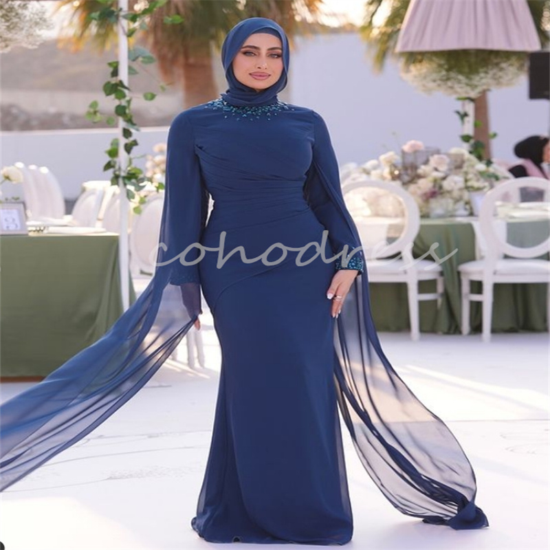 Islamic Muslim Navy Evening Dress With Beaded Long Sleeve Mermaid Prom Dress Elegant Abaya Dubai Formal Occasion Gown Robe De Soiree Birthday Gown