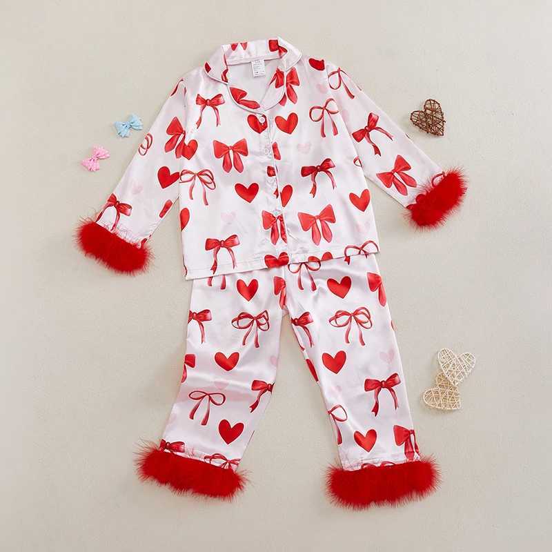 Clothing Sets Kids Baby Girl Pajama Sets Valentines Day Loungewear Set Heart Bow Print Plush Trim Lapel Neck Button-up Tops+Pants Sleepwear H241126