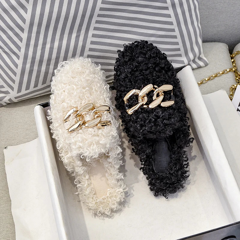 womens winter plush slippers fashion chain flat shoes Outdoor and Office and Home Large size 41-43 free delivery 41-43 241126