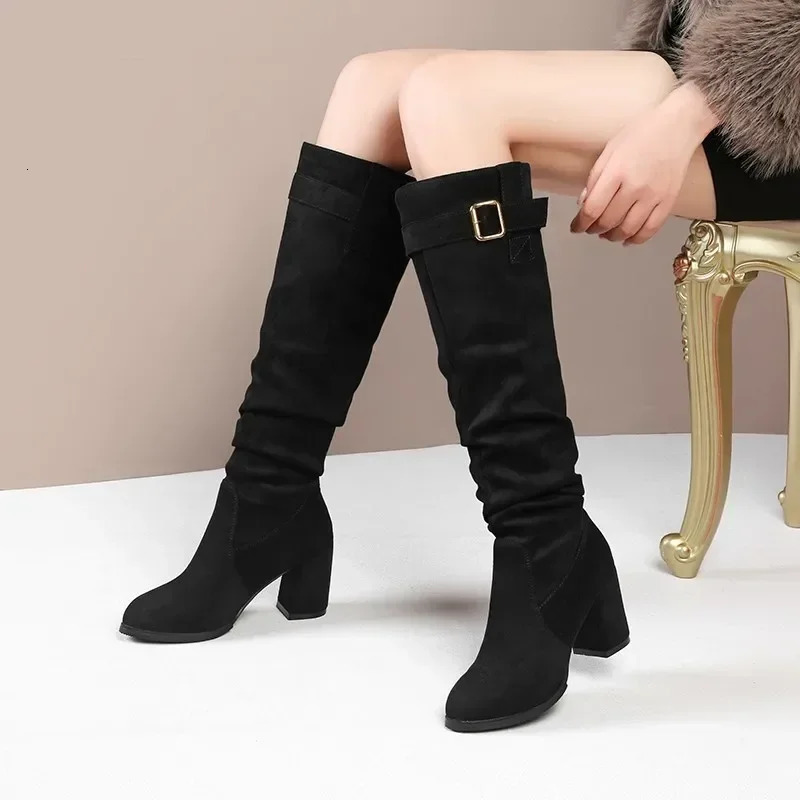 Female Shoes on Sale High Quality Sleeve Womens Boots Winter Pointed Toe Suede Solid High Tube Chunky Heels Fashion Boots 241114