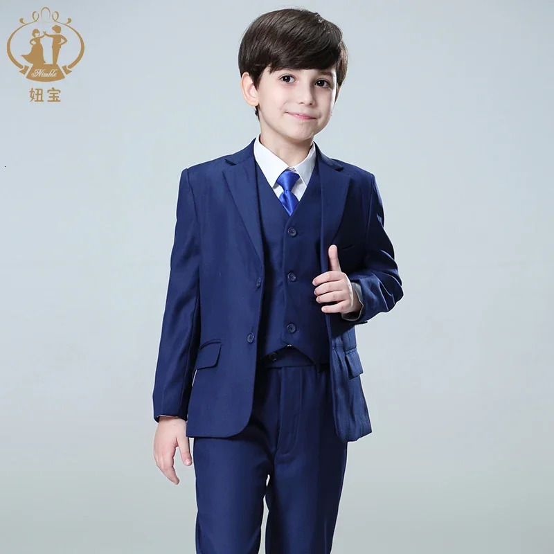 Spring Autumn Formal Boy Suit Set Children Party Host Wedding Costume Wholesale Clothing Coat Pants Vest 3Pcs Blue Blazer 241126