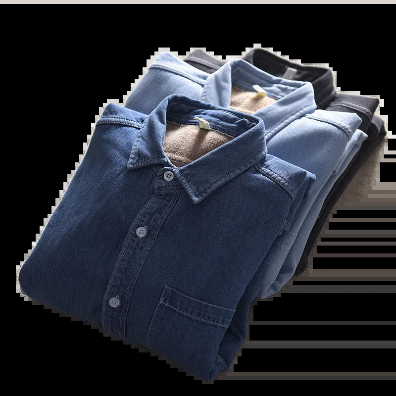 Winter pleated thick denim shirt mens long sleeved pure cotton warm top Japanese loose size fashionable shirt trend 241126