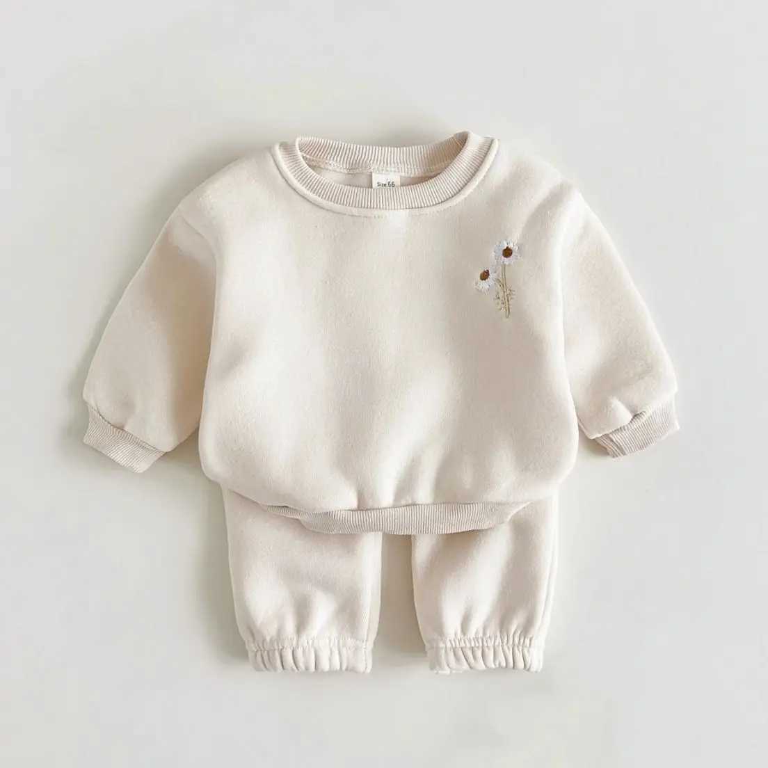 Clothing Sets 2024 Fall Thick Clothes Infant Sets Fleece Embroidery Daisy Pullover Sweatshirt+Jogger Pants Baby Boys Girls Basis Winter 2Pcs H241126