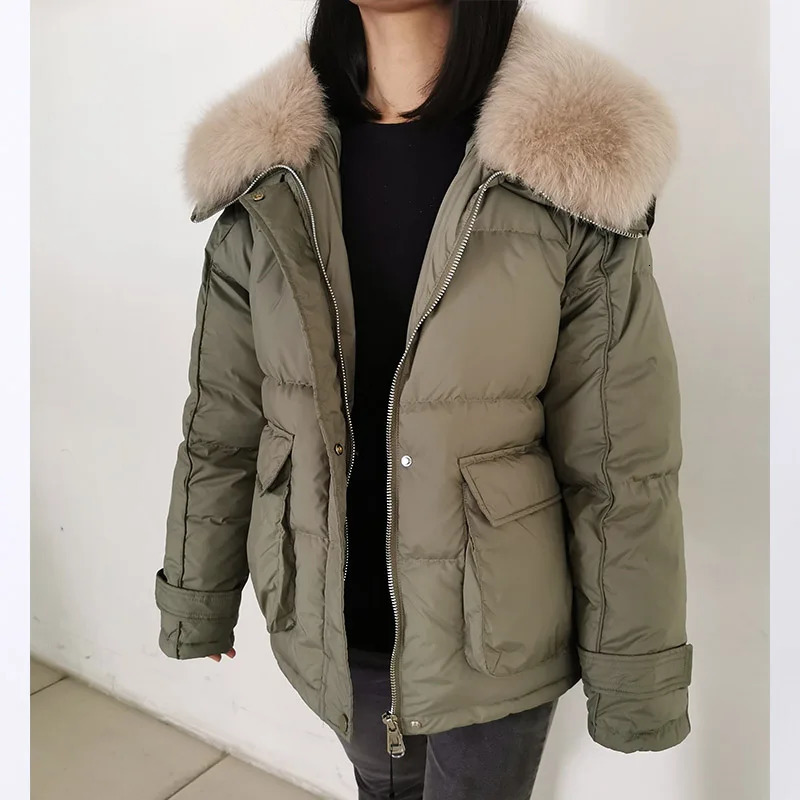 Maomaokong loose Real Fox fur collar 2024 white duck down jacket womens winter inflatable jacket oversized wool jacket 241126
