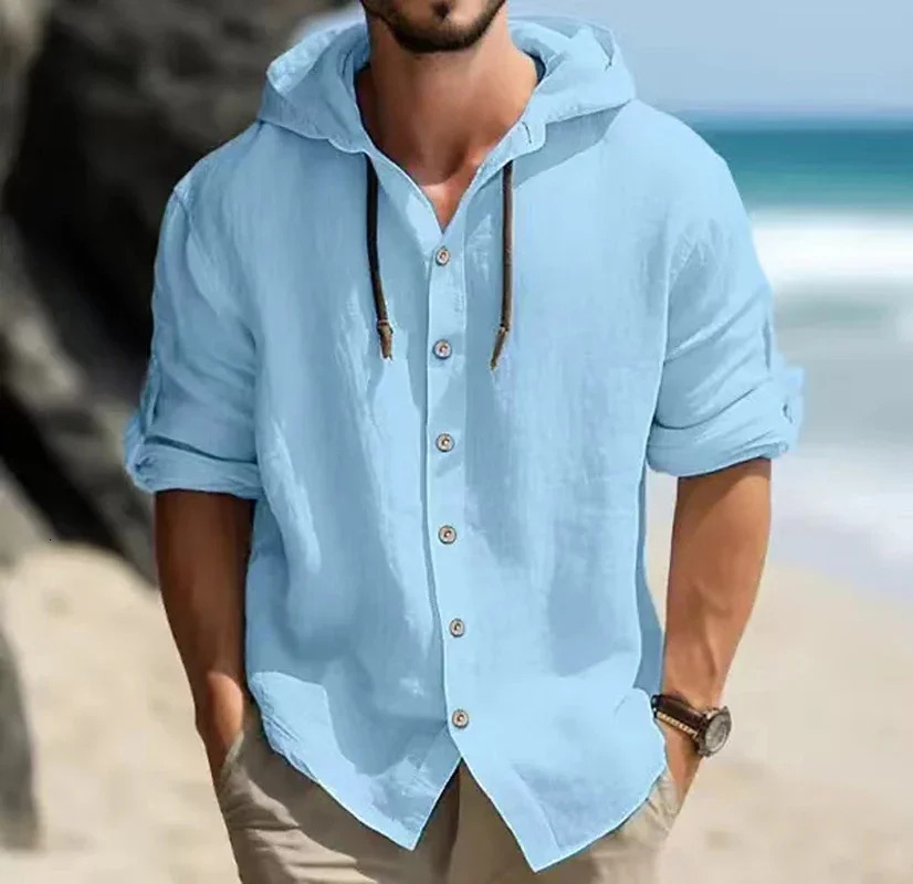 Summer mens linen shirt solid street clothing long sleeved hooded cardigan mens casual loose button mens shirt 241126