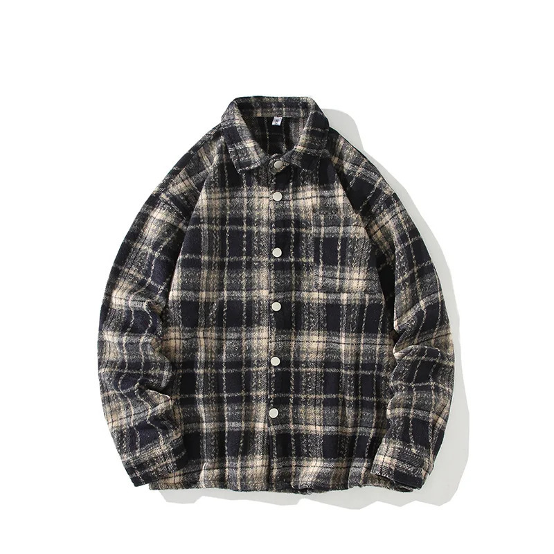 Autumn and winter American retro mens wool long sleeved loose plain shirt jacket couple jacket 241126