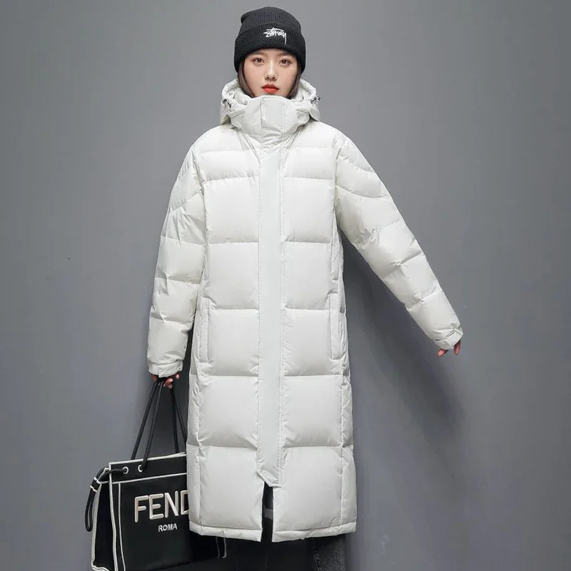 Winter Outerwear Long Down Jacket Men Women Casual Long Knee-length Hooded Parka Coat Thicken Versatile White Duck Down Coat 241125