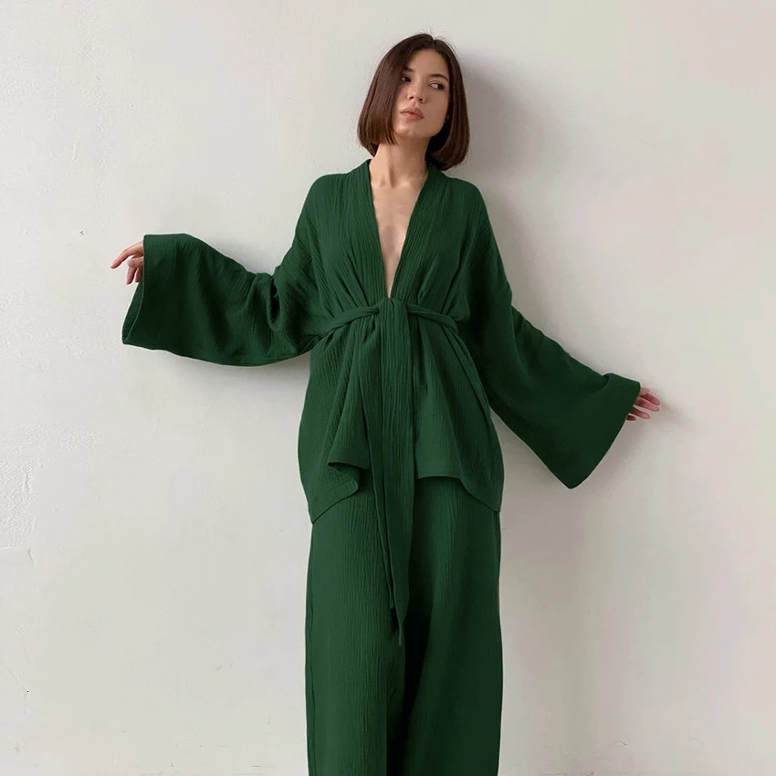 Hiloc Cotton Pajamas Womens Pajamas Pajama Set Flame Sleeve Night Dress Womens 2-piece Set Lace Womens Casual Mens Set 241126