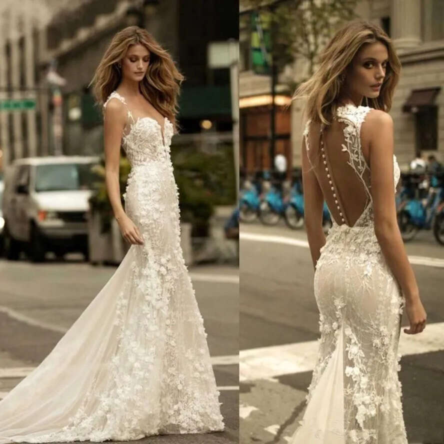 Berta Sheer Mesh Top Lace Mermaid Dresses Tulle Applique 3D Ral Wedding Bridal Gowns With Buttons Ba9306