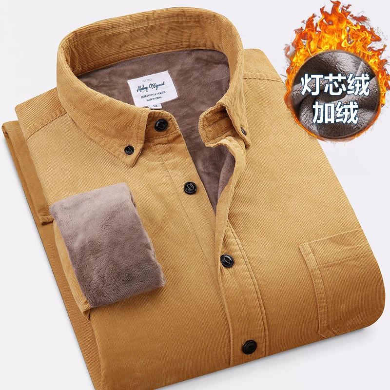 Corduroy Warm Shirt Cotton Plush Thick Mens Shirt Winter Warm Mens Clothing Wool Lining Velvet Coat Windproof Coat 241126