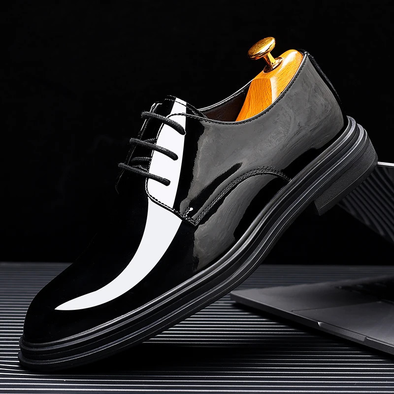 FUQIAO Men 68cm Derby Shoes Patent Leather Height Increase Men Dress Shoes Formal Elevator Business Lift Shoes Bright Upper 241126