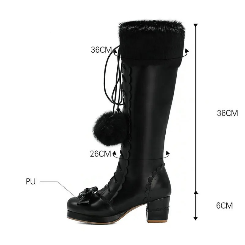 Lolita High Boots Winter Warm Fur Collar Girl Role Playing Party JK Princess Shoes Lace Bow Thick High Heels Side Zipper PU Leather 241126