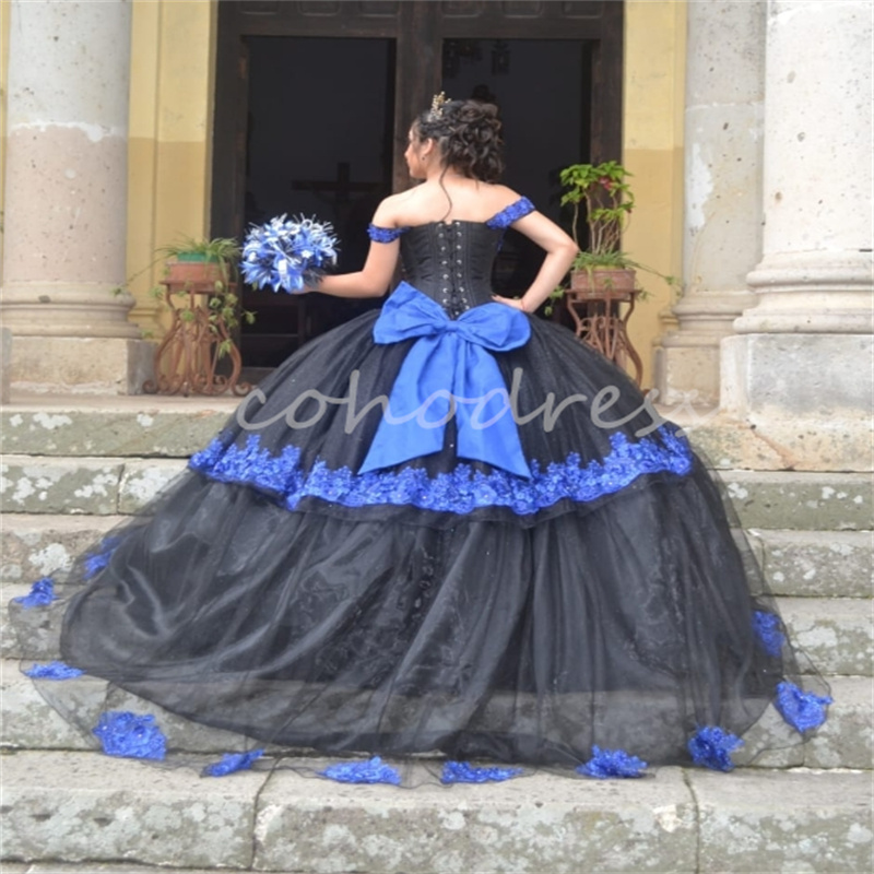 Charro Mexican Black Quinceanera Dresses Off Shoulders Blue Lace Xv Bow Vestidos De 15 Quinceanera Sweet 16 Party Corset Birthday Formal Occasion Dres