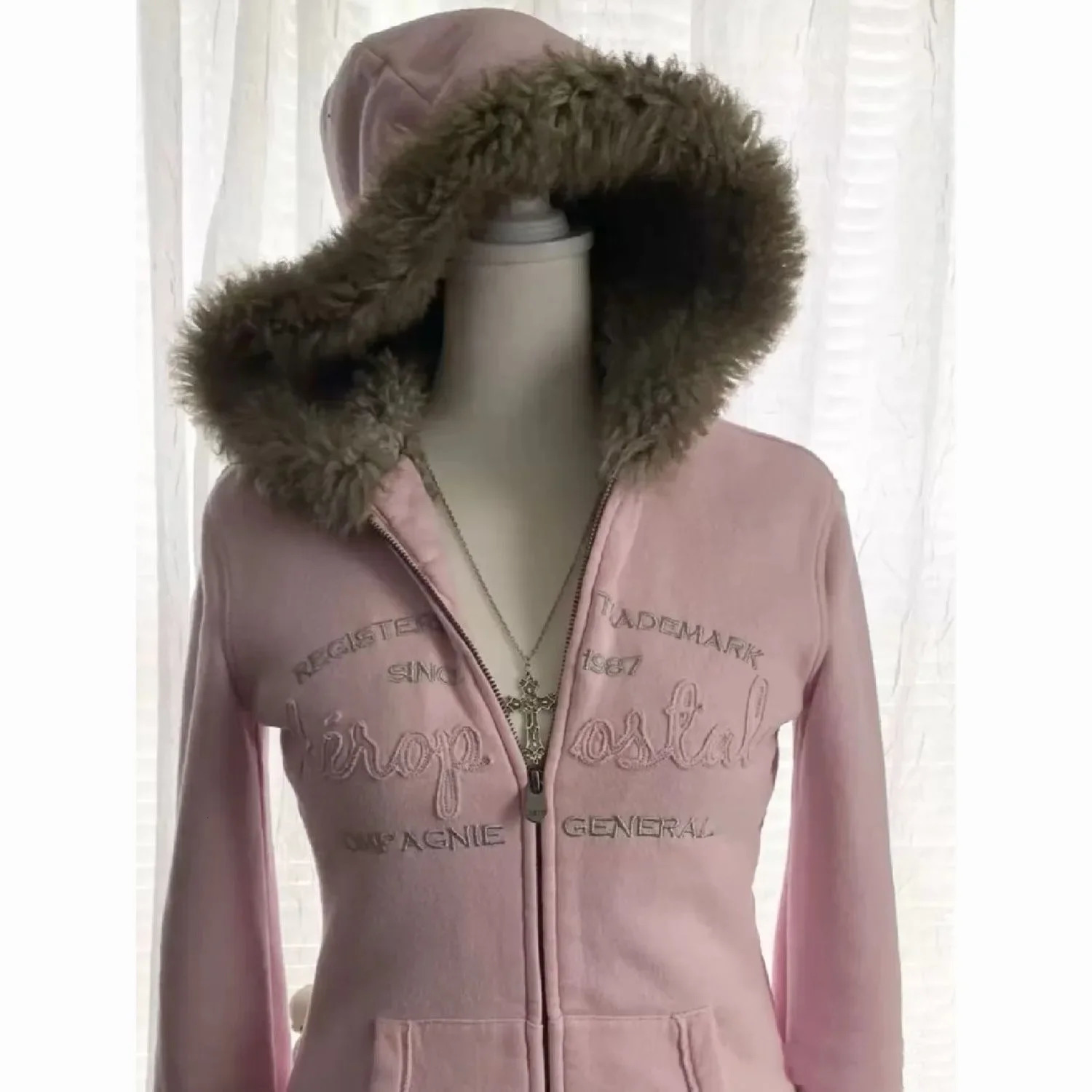 Y2K Hip Hop Harajuku Solid Color Zipper Fur Collar Jacket American Skull Print High Street Casual Slim Warm Long Sleeve 241125