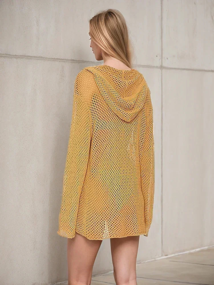Sexy Knit Hollow Out Vneck Hooded Long Sleeve Beach Mini Dress Women Casual Beachwear Tunic Vacation Swimsuit Cover Up K4 241112