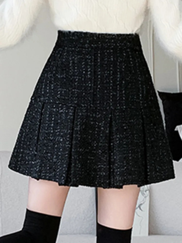 HMA autumn and winter fashion coarse woolen short skirt womens version A-Line high waisted wool pleated skiing 241125