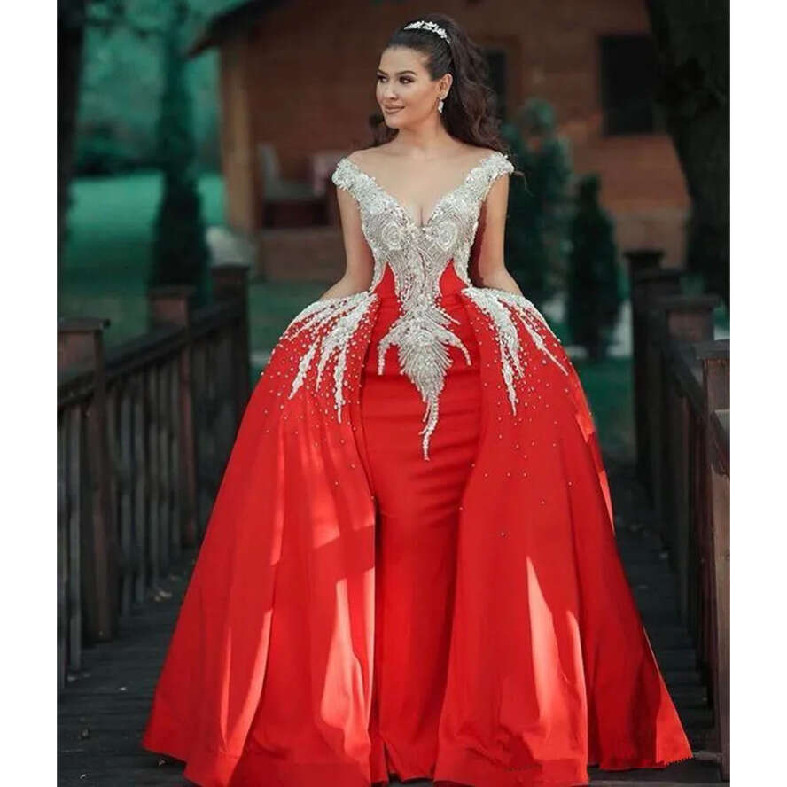 Red Mermaid Prom Dresses: Crystal Beaded Formal Evening Gowns with Detachable Train