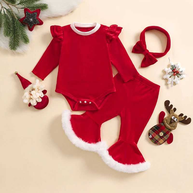 Clothing Sets Infant Girls Winter Holiday Ensemble Velvet Jumpsuit with Bell Bottoms and Matching Headband Set Baby Apparel H241126