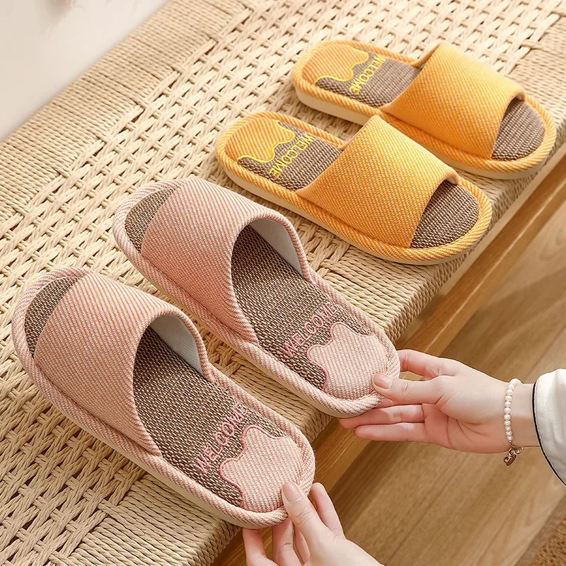 Linen slippers indoor breathable womens slippers linen couple anti slip shoes beach sandals comfortable apartment 241126