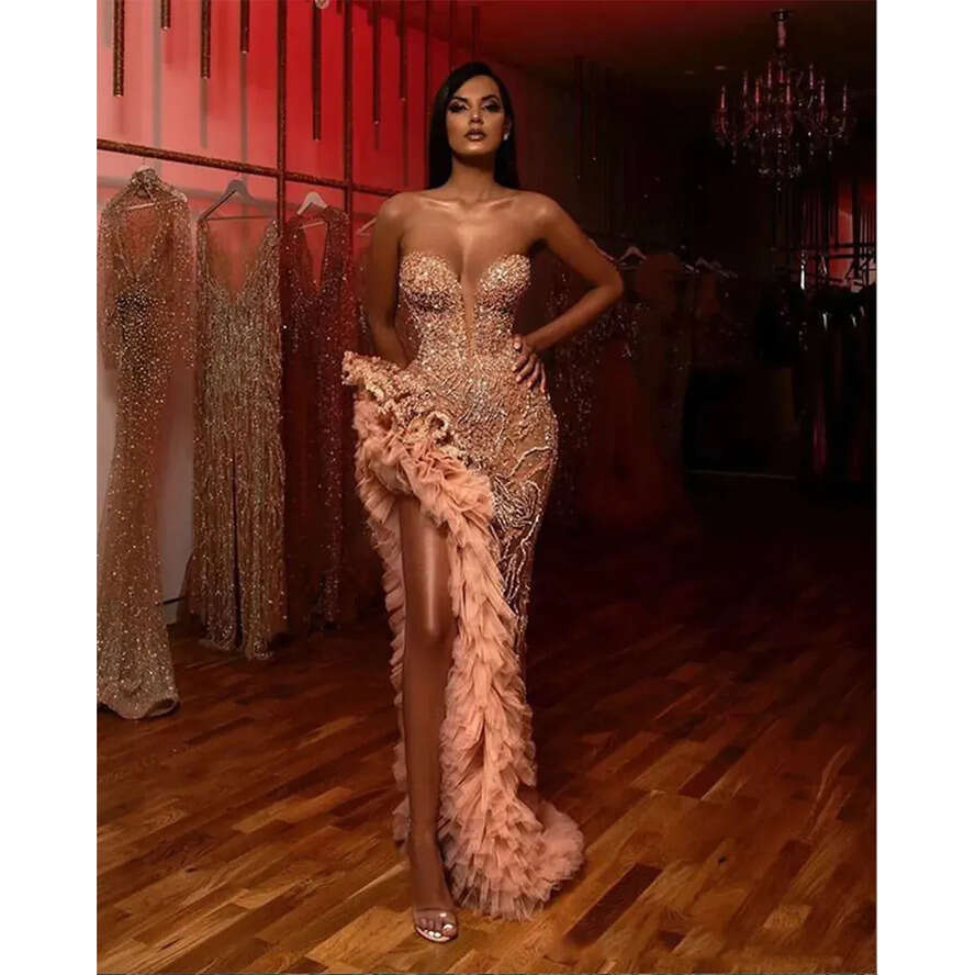 Sweetheart Mermaid Prom Dress 2024 Sparkly Beaded Ruffles High Slit Arabic Evening Gowns Vestidos De On Formales