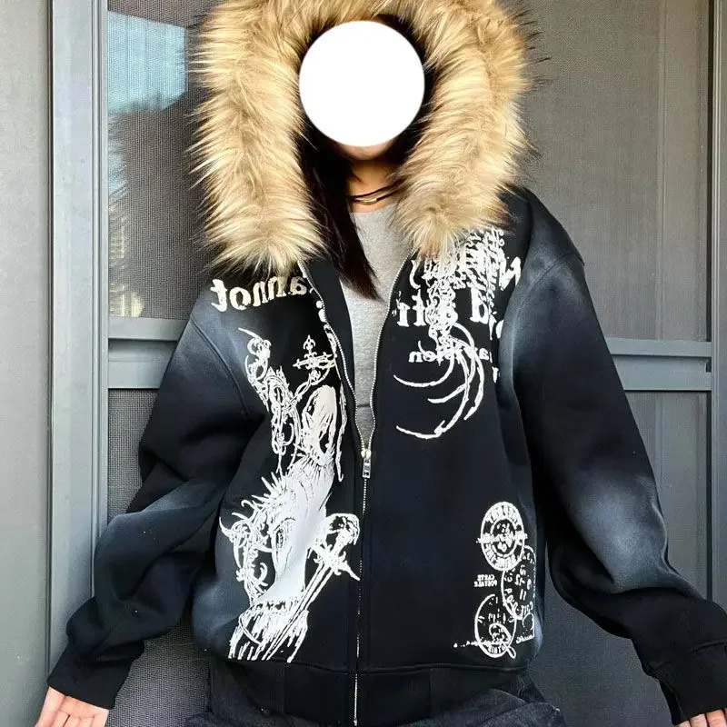Y2K Neo Gothic Printed Hip Hop Fashion Elements Hoodie Loose Large Leather Collar Thick Coat Harajuku Jacket 241126