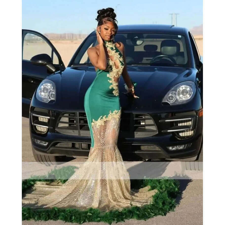 Green Mermaid Long Prom Dresses Halter Lace Appliques Feathers Sequined Birthday Party Sparkly Evening Gowns Robe De Bal 0220
