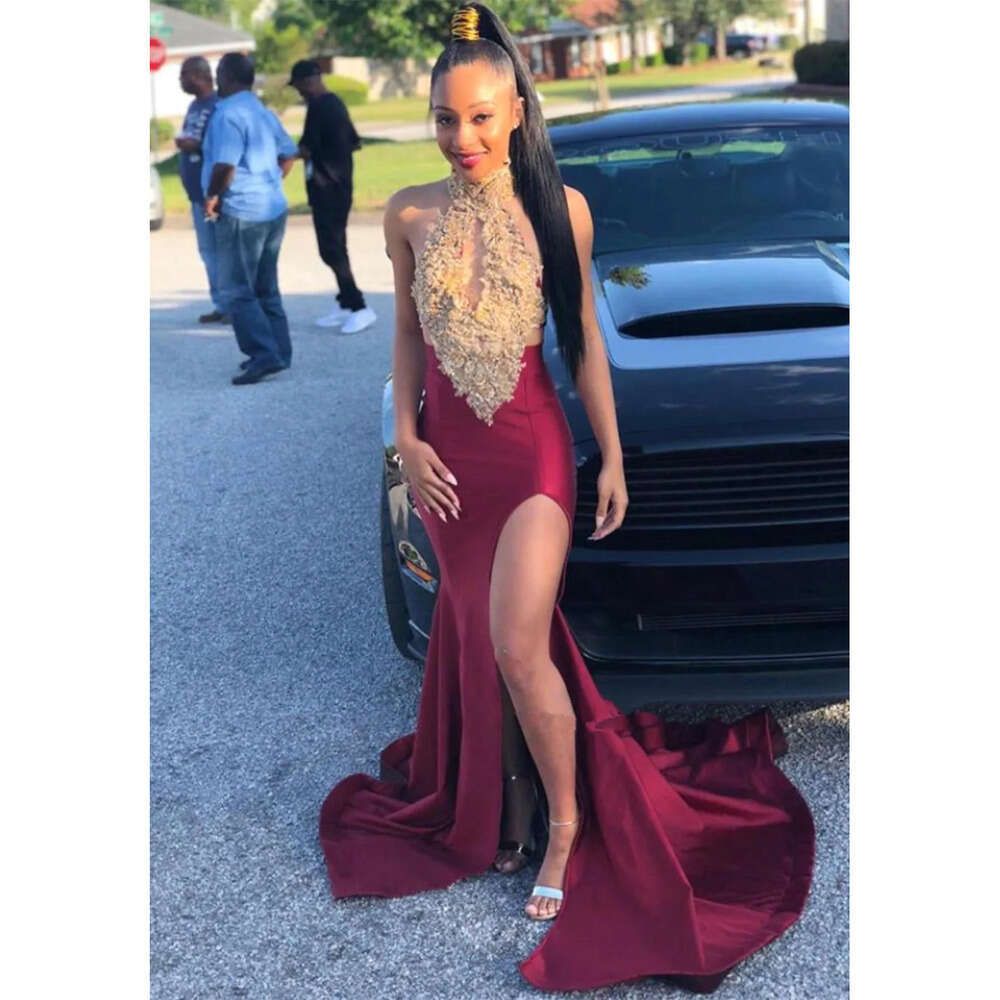Black Girls Satin Halter Mermaid Long Prom Dresses Gold Lace Applique Split Sweep Train Party Evening Gowns Bc