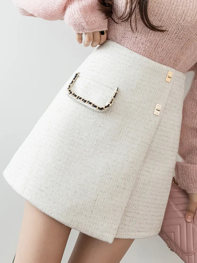 HMA Fashion Small Fragrant Style Woolen Skirt Autumn Winter High Waist A-Line Tweed Shorts Skirt 241125