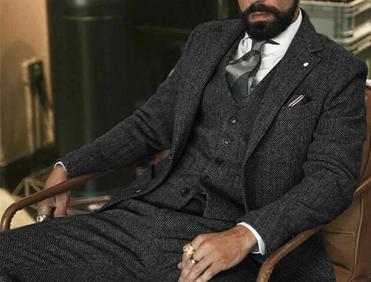 Grey wool coarse tweed mens winter suit herringbone slim fit formal grooms tailcoat 3-piece wedding mens suit (jacket+vest+pants) X2411261 - view 4