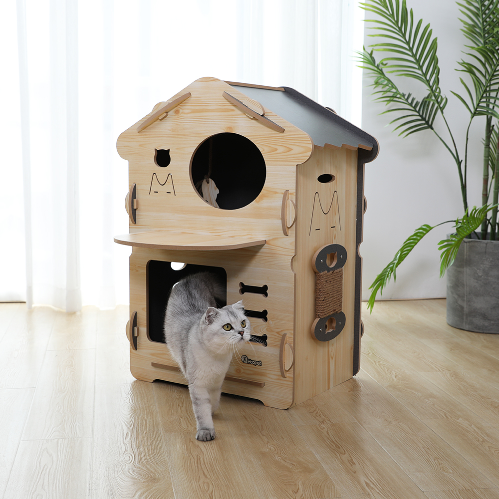 OEM Custom Hoopet Wooden Pet Furniture Assemble Cat Tree Cave Lounge House