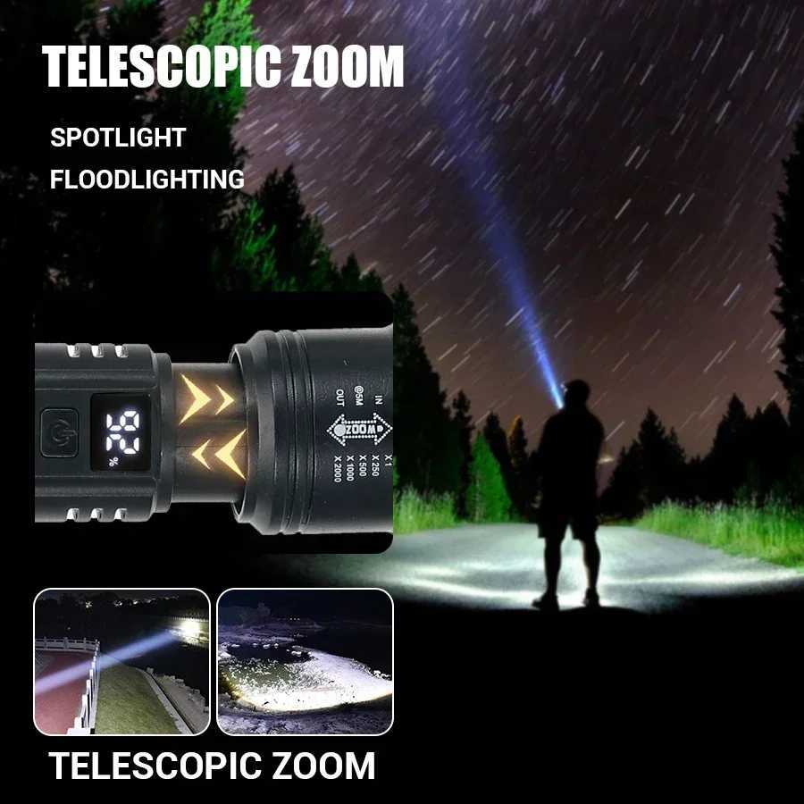 9900LM Powerful LED Flashlight Battery Display USB Rechargeable Light Telescopic Zoom Torch Lamp Outdoor Camping Fishing Lantern Z250211