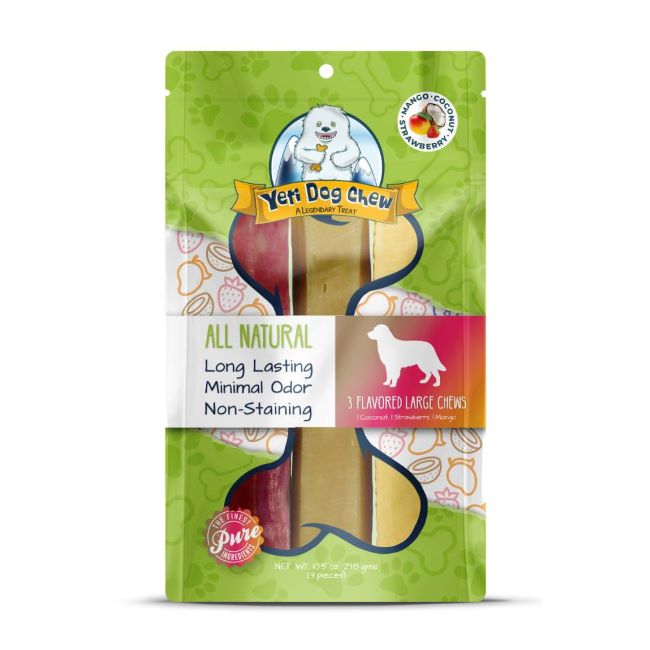 Yeti All-Natural Fruit Chews Variety Pack 10.5oz Protein-Rich Chew for Large Dogs Case of 25-1 Coconut 1 Mango 1 Strawberry