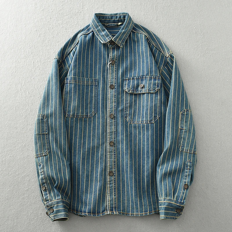 Heavy duty washed denim mens shirt vintage spring and autumn 100% pure cotton vertical striped mens long sleeved jeans jacket loose work clothes 24112