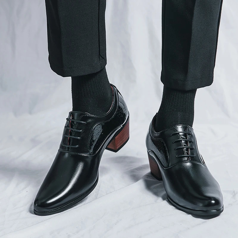 mens lace up Oxford shoes 2024 genuine leather high heels club classic pointed casual fashion shoes style 241126